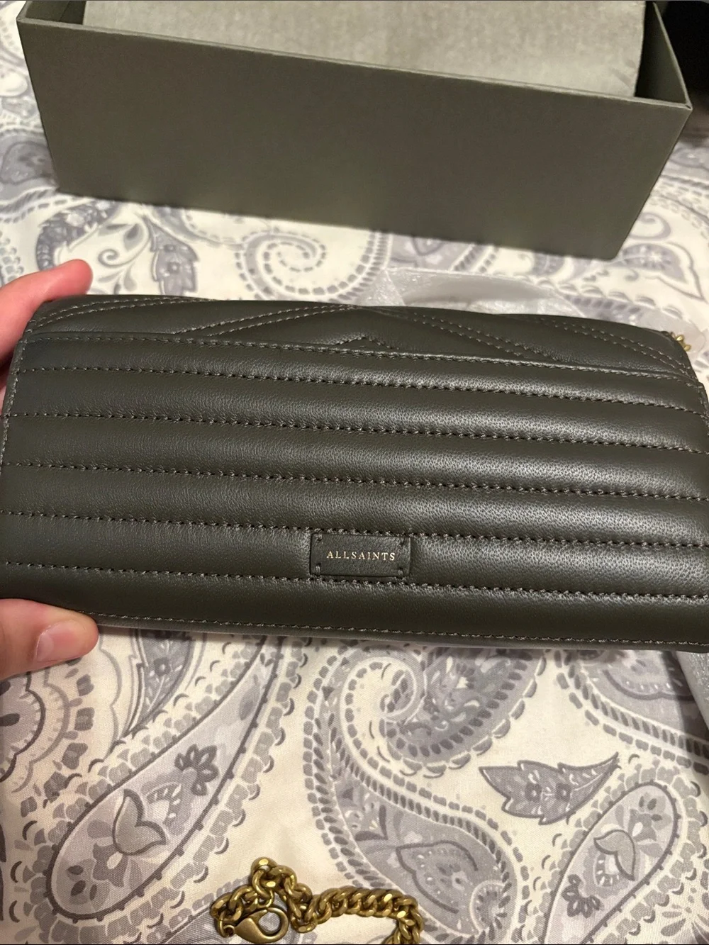 All Saints Olive Chevron Quilted Leather Chain Wallet with Gold Hardware